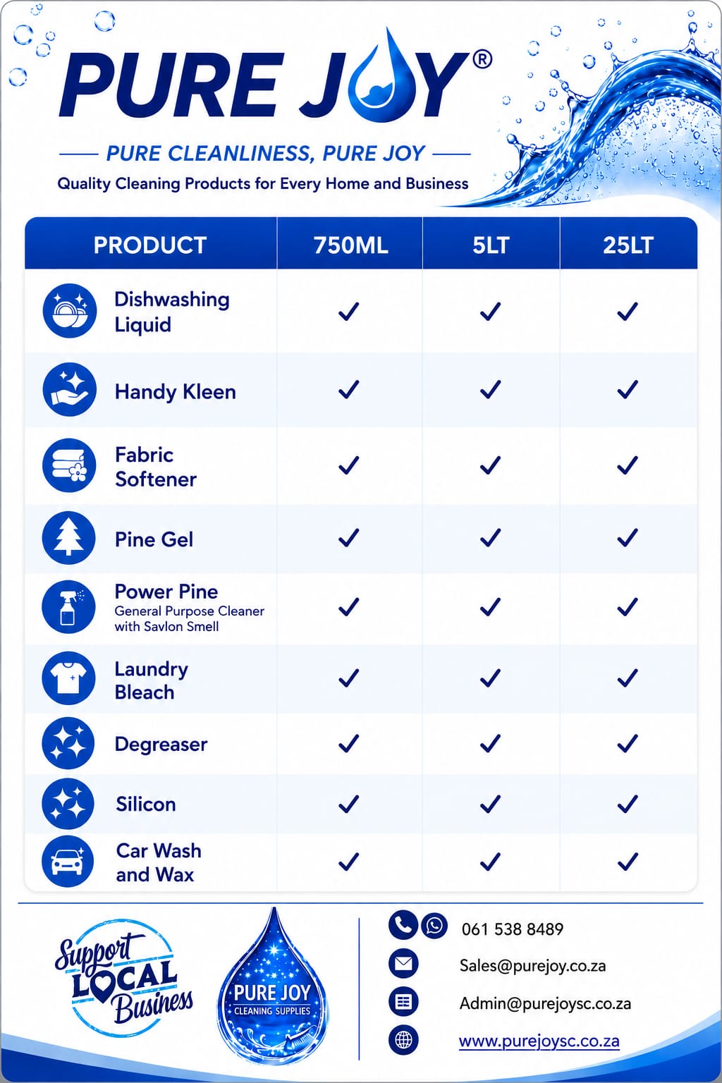 Pure Joy Cleaning Products Price List